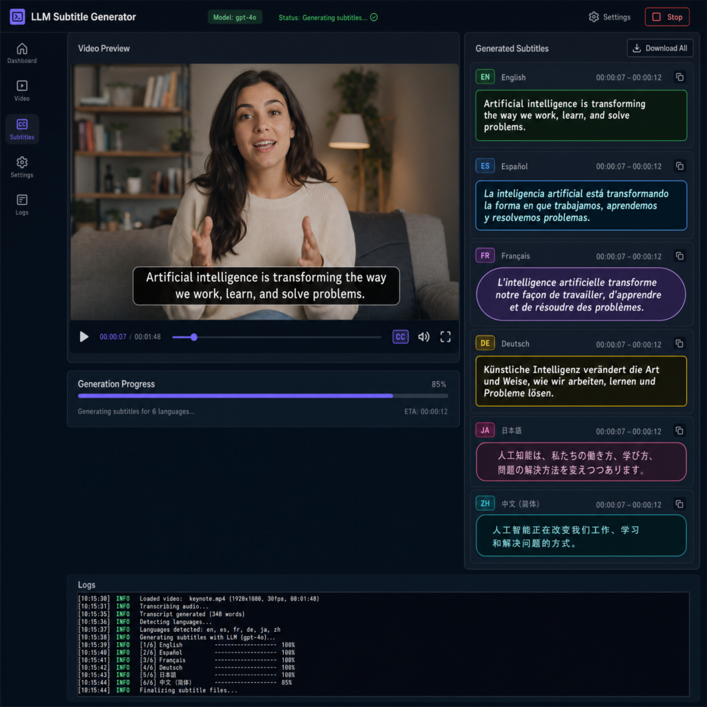 Um LLM a gerar legendas num vídeo