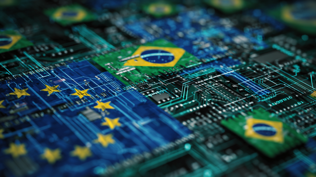 Brasil vs. UE: Duas Abordagens para Regular a Inteligência Artificial Imagem de fusão entre bandeira da UE e do Brasil com circuitos