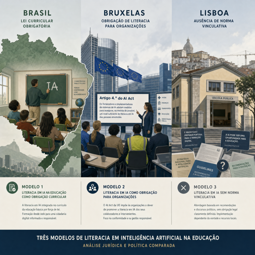 Brasil legisla, Bruxelas regula, Lisboa hesita: três modelos de literacia em IA na escola Resumo visual das ideias-chave do artigo (clique para visualizar)