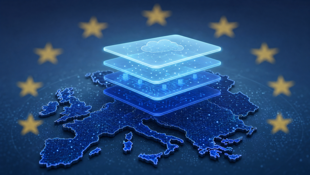 Cloud soberana: o novo nível de compliance que a UE quer impor Representação de quatro camadas de soberania cloud na UE